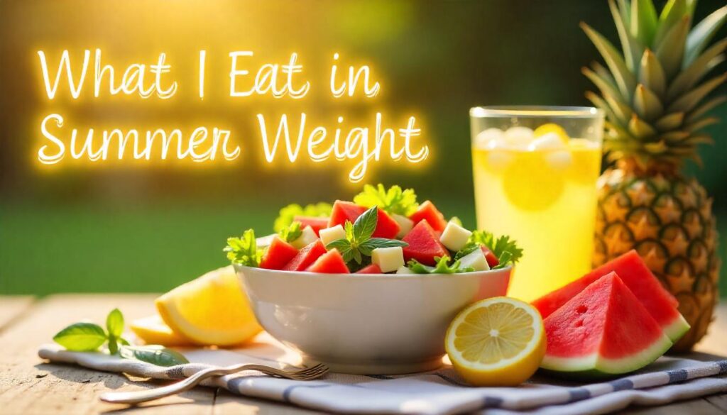 A vibrant summer-themed thumbnail featuring a bowl of fresh fruits, a glass of lemon water, and a colorful salad on a picnic table under the sun, with text overlay that reads “What Should I Eat in Summer to Lose Weight? – Ultimate Guide to Healthy Eating”.