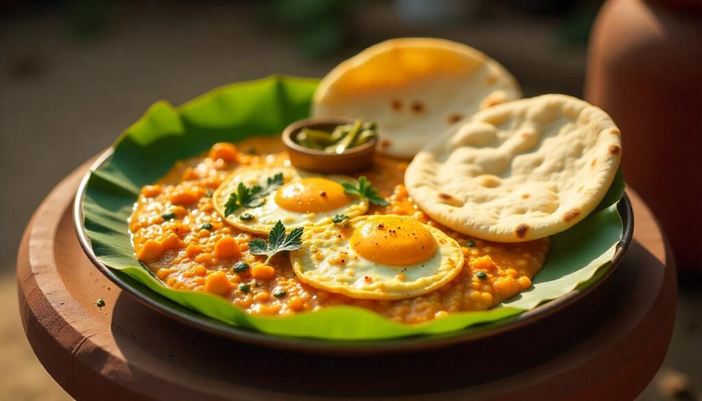 High-protein Indian breakfast with sunny-side-up eggs, creamy mixed veg curry, and soft naan — perfect eggtarian meal for muscle gain and fat loss.
