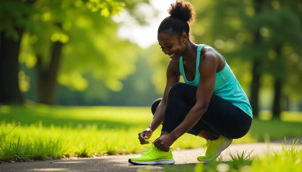 Woman getting ready for a workout in the park — representing the first step in how to start a fitness journey when you have zero motivation.