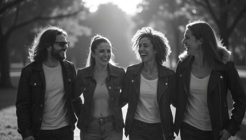 Group of friends walking together outdoors and laughing — showing how social support can help you start a fitness journey when you have zero motivation.