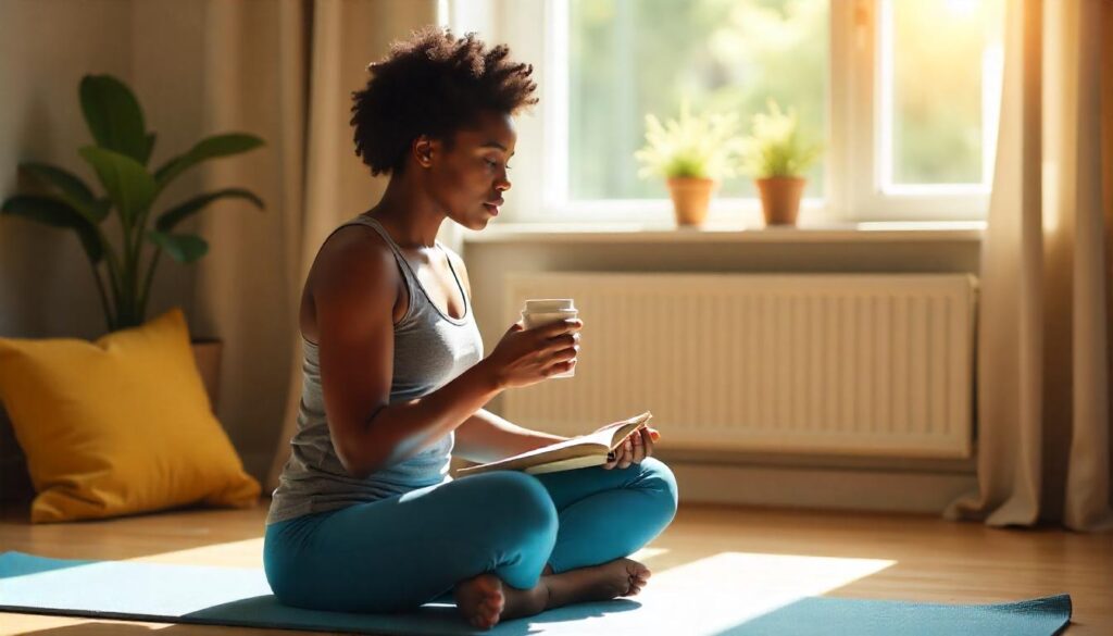 Woman sitting on a yoga mat with a book and coffee, practicing mindfulness — a powerful step to start a fitness journey when you have zero motivation.