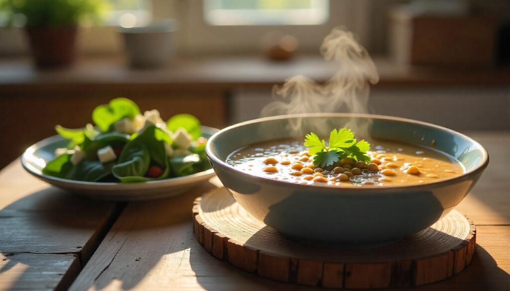 Cycle Syncing Diet: Hormone Ke Hisab Se Khaana ke liye perfect balanced meal — garma garam protein-rich soup aur fresh leafy salad natural light mein.
