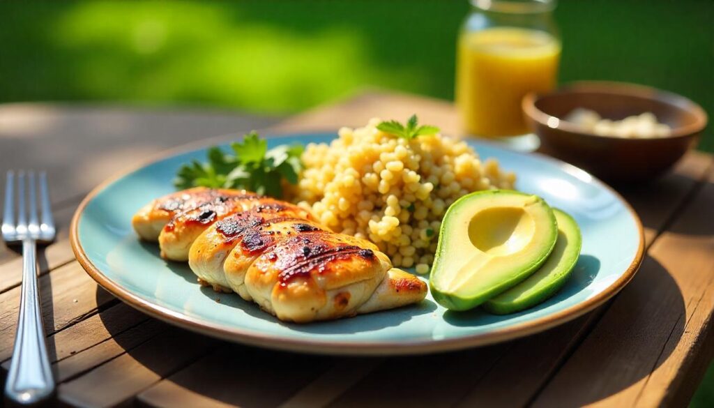 Grilled chicken, avocado, and couscous served on a plate outdoors — a clean meal representing the Metabolic Reset Diet: Is This 2025’s Ultimate Fat Loss Hack?