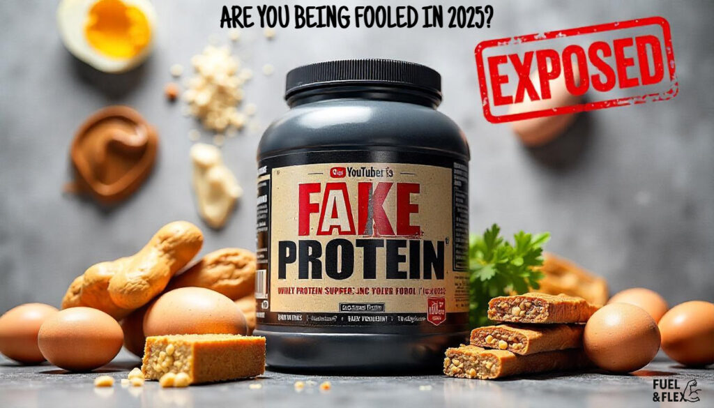 Illustration showing viral ‘protein spiking’ foods with misleading labels in 2025, questioning whether consumers are being fooled by fake protein claims.