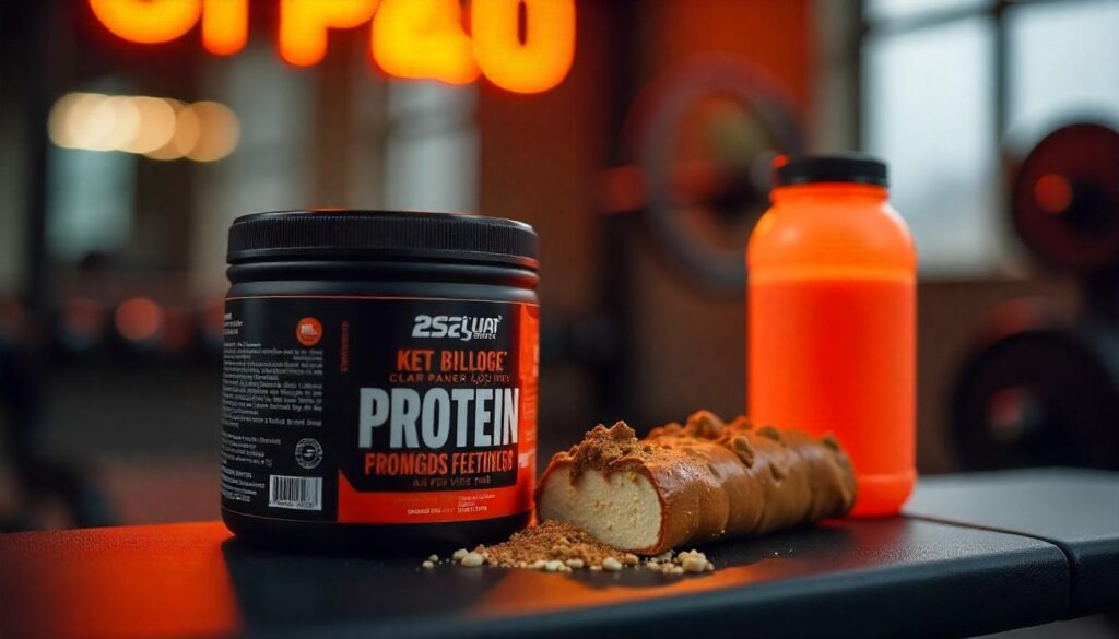 A suspicious-looking protein supplement jar with bread and powder, placed in a gym setting, raising questions like “Are You Being Fooled in 2025?” about fake or misleading protein products.