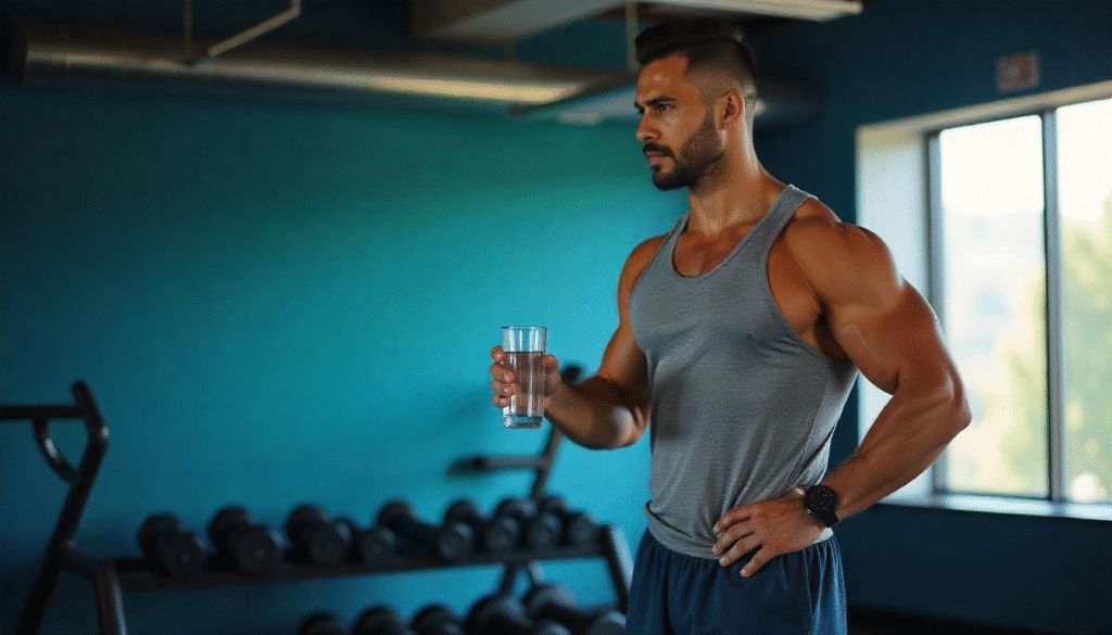 Muscular man holding a glass of water at the gym, representing the question — is water fasting safe for weight loss in 2025?"