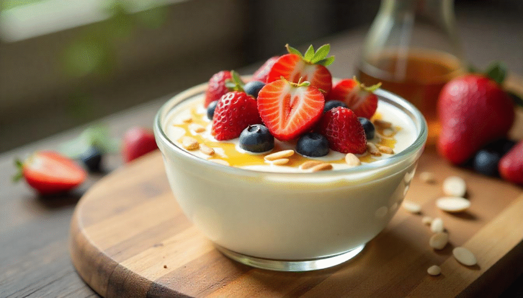 Bowl of yogurt topped with fresh strawberries, blueberries, almonds, and honey – a refreshing and budget-friendly gut health diet option under Rs3000 for summer.